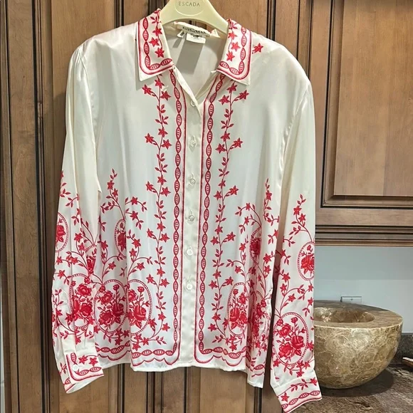 Escada White and Red Embroidered long sleeve button down blouse - Picture 1 of 6
